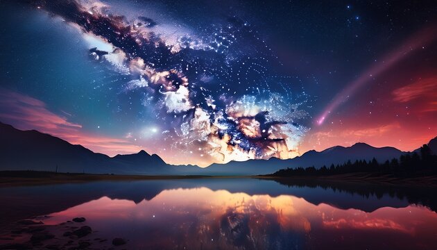 majestic milky way galaxy arches over a serene reflective lake at night with silhouetted mountains on the horizon