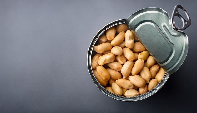 metal tin can with salted peanuts without lid neat delicious peanut beans jar with no labels on grey background view from above