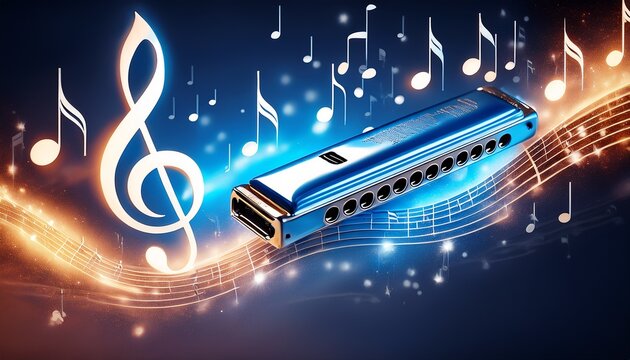 a blue and silver harmonica playing a melody with musical notes and a treble clef flowing out on a musical staff