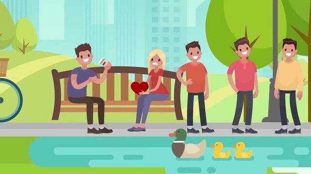 People Walking and Relaxing in Public City Park with Lake Animation