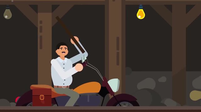 Cool Man Riding Motorcycle inside Dark Underground Garage Barn Animation