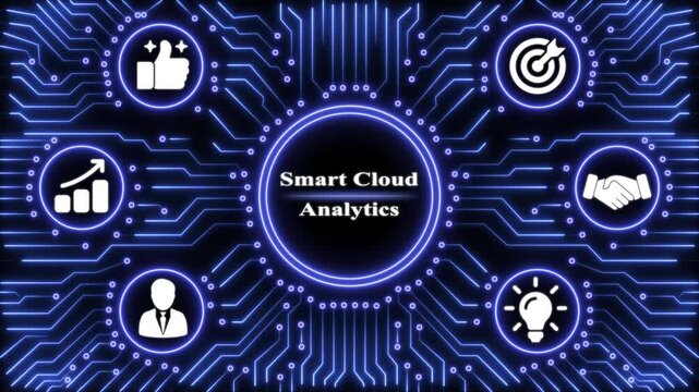 Smart cloud analytics interface featuring glowing blue circuitry lines and business for data processing and digital connectivity