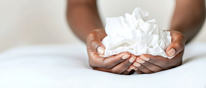 Hands holding crumpled tissue paper, representing illness and discomfort.