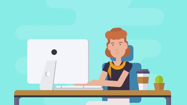 Businesswoman Working on Desktop Computer at Modern Office Desk Animation