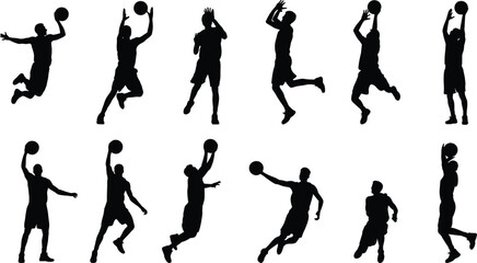 Basketball Player Silhouette Collection Set with Jump Shot Dunk Dribble and Action Poses Vector Illustration © Sreejoynaraon