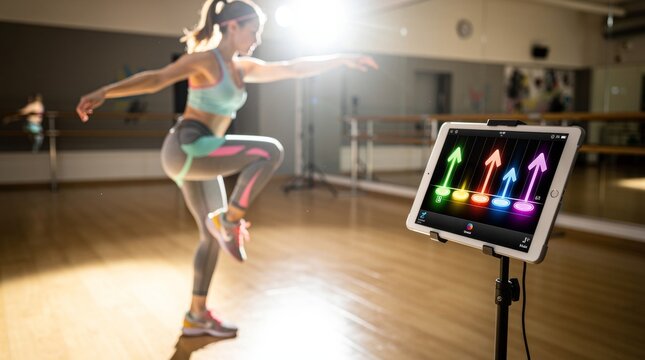 Woman Engages in Digital Fitness Training in a Studio Setting