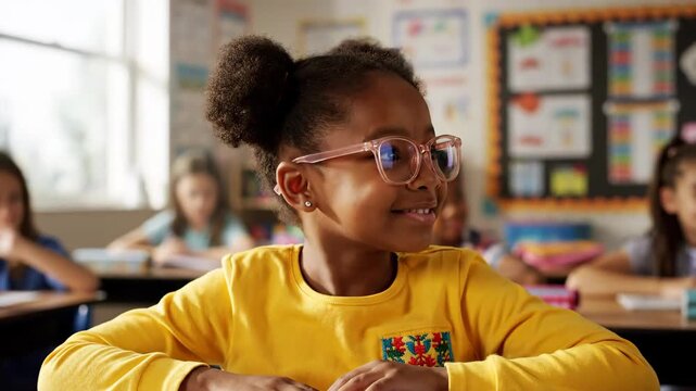 A young African-American girl with glasses sits at a desk in class, looking at a board. Other students in the background, a colorful patch