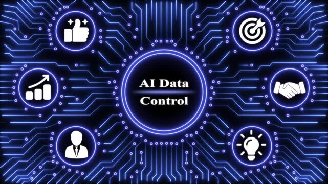 Ai data control interface featuring glowing blue circuitry patterns and business