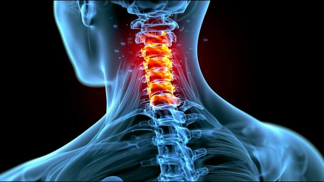 Human neck cervical spine glowing red in xray view