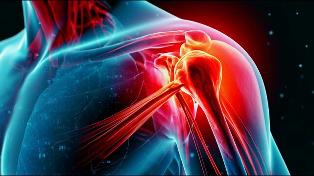 Human shoulder joint with painful red inflammation in xray
