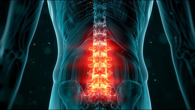 Human lower back lumbar spine glowing red xray view