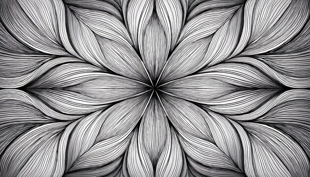Padrao Mandala Line Art Em Preto Sobre Branco Com Petalas Arredondadas Simetricas Centro Floral Intricado E Formas Suaves Perfeito Para Relaxamento Coloracao Zen E Fundos Serenos