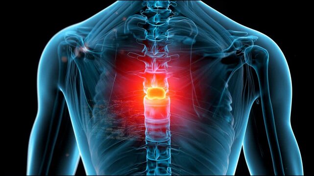 Human upper back vertebra glowing red in xray view