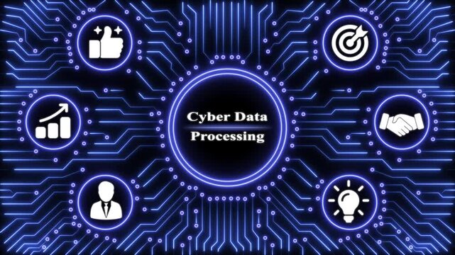 Cyber data processing concept with glowing blue circuitry background and circular representing business growth and connectivity