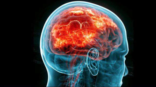 Human brain glowing red inside transparent head xray view