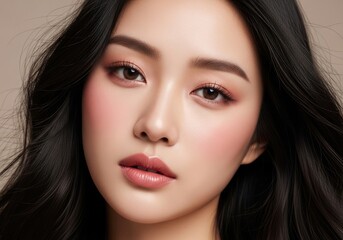 Fototapeta premium Close up portrait of a young asian woman with flawless skin and subtle rose toned makeup studio lighting