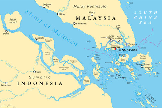 Political map of Singapore and southern part of the Strait of Malacca, a choke point of global container shipping in Southeast Asia, through Singapore Strait north of Riau Islands of Indonesia. Vector