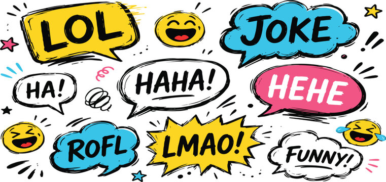 Colorful hand-drawn comic speech bubbles with laughter expressions and funny slang doodles.