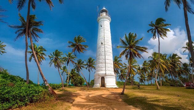 the tall white lighthouse building can be seen among the tall coconut palms on the southern coast of sri lanka the dondra lighthouse is the southernmost point of sri lanka and the tallest lighthouse