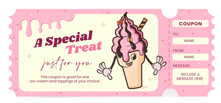 A coupon for ice cream and a topping of your choice. A special summer treat just for you. A bright, delicious, pink vector voucher with a groovy ice cream cone.