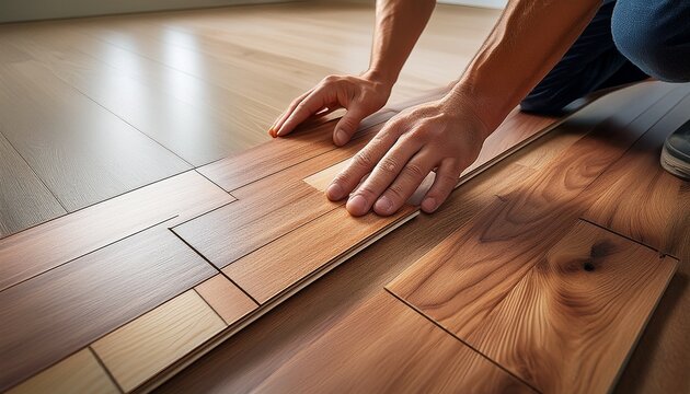 professional laminate flooring installation hands align a wooden plank during a precise click lock fit