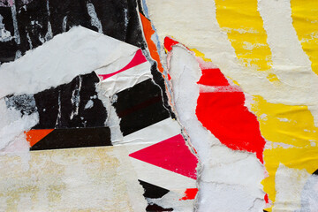 Old colorful posters ripped torn crumpled paper abstract grunge texture wall backdrop placard...