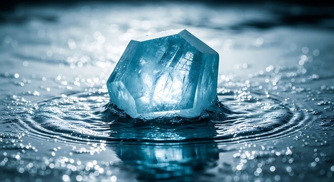 Aquamarine Crystal Formation Emerging from Rippling Water Surface