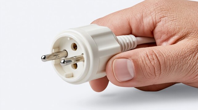 Hand holding a white electric Schuko plug with three metal pins on a white background