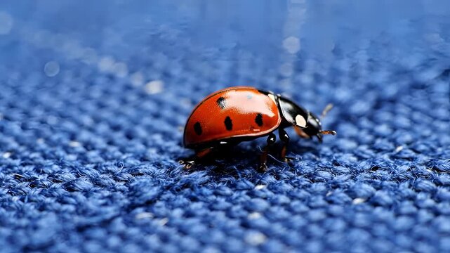 Close up of a ladybug on a blue textured surface.