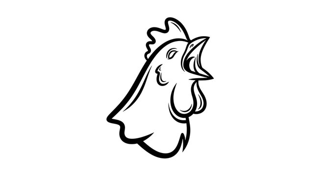 Black Line Art Rooster Head Crowing on White Background