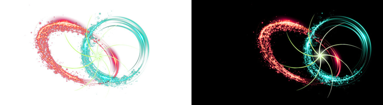 PNG image of Abstract interlocking hearts illustration, vibrant red and teal light trails, dynamic glowing energy, symbolic connection and passion