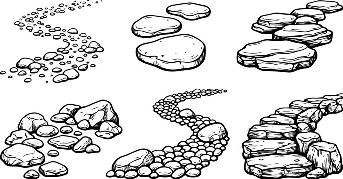 Hand drawn vector illustration showing various stone path designs and natural pebble collections for garden landscapes