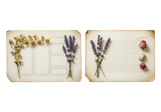 Vintage paper pages decorated with pressed flowers and handwritten layout frames, isolated on transparent background for scrapbook and journaling design.