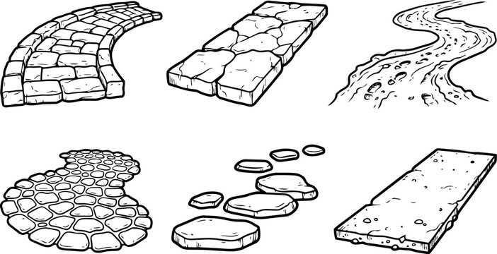 Collection of diverse stone and concrete path vector illustrations for landscape design and architectural project layouts