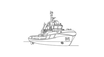Obraz premium A detailed black-and-white line drawing depicts a sturdy maritime tugboat featuring a prominent radar mast and front-mounted anchor resting on a clean white backdrop.