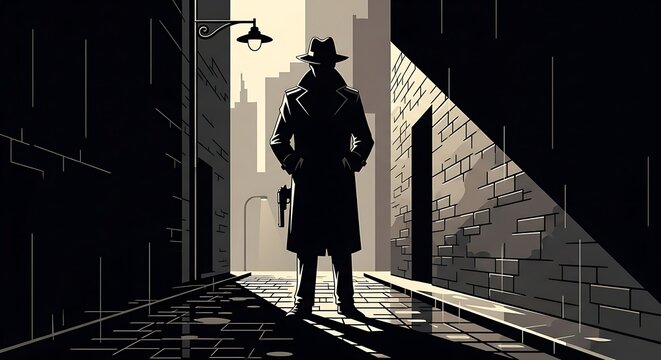 Silhouette of a detective in a trench coat and fedora standing in a dark, rainy alleyway at night