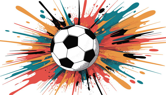 Soccer ball exploding with vibrant paint splashes against a white background dynamic motion concept