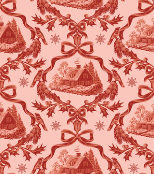 Vintage christmas toile baroque seamless winter cottage ribbon ornament pattern design