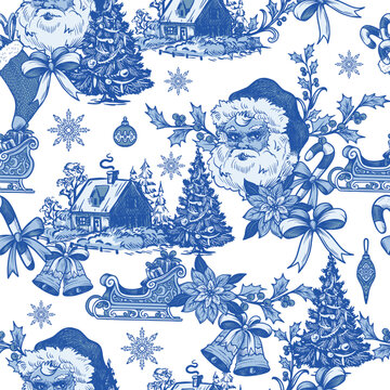 Vintage christmas toile graphic seamless pattern with santa sleigh ornaments cottages