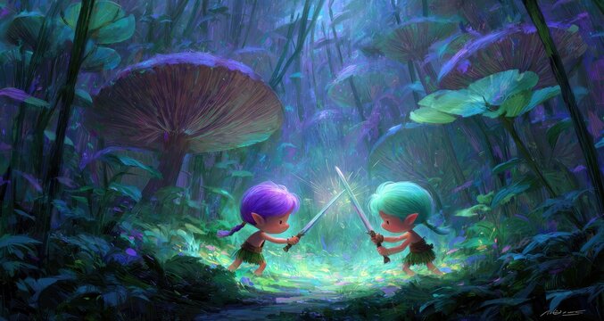 Two small figures, likely sprites or fae, duel with glowing swords in a vibrant, mystical forest