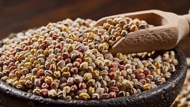 Closeup of Pigeon Peas in a Bowl with Wooden Scoop.