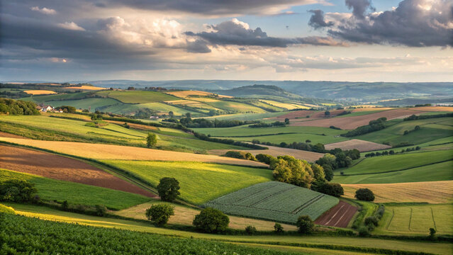 Rolling countryside fields with patchwork farmland patterns