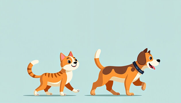 Cat and dog walking playfully against a light blue background
