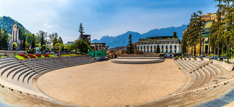 A panorama view over the central square in Sapa, Vietnam, in the morning