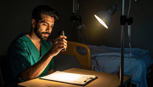 Focused Male Nurse Using Penlight to Examine Medical Chart in Dim Hospital Room