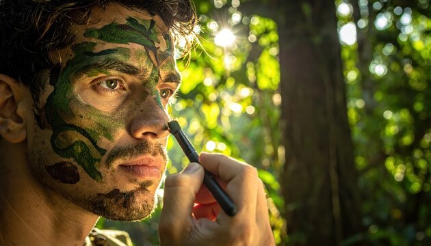 Focused soldier applying camouflage face paint in a sunlit forest setting for tactical preparation