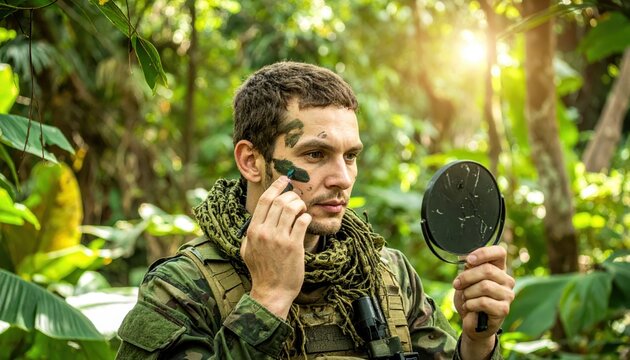 Focused soldier applying camouflage face paint in lush green jungle