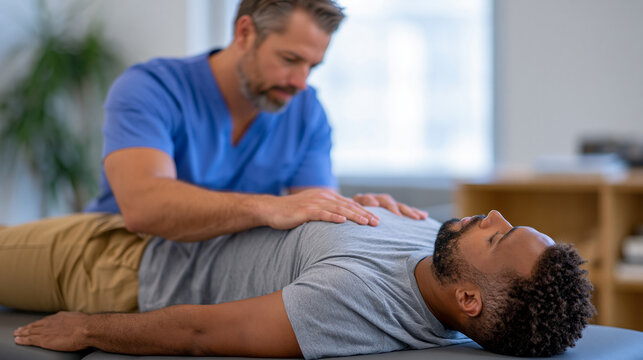 Male physical therapist and client working together in a rehabilitation studio, client lying supine on a treatment table performing slow guided leg pendulum movements as part of somatic trauma relea