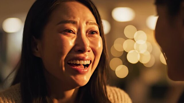 A woman in a moment of emotional outpouring, covering her mouth with her hand. Her eyes fill with tears