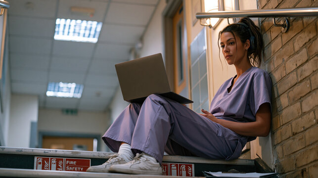 Overworked nurse in scrubs sitting on a stairwell landing inside a hospital, back against the wall, headphones on, attending a brief mobile therapy check-in session during a break, fluorescent ceili